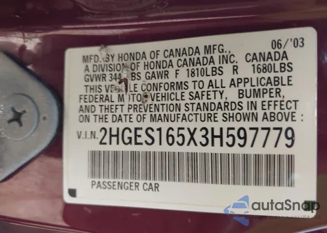 2003 Honda Civic Lx z USA, uszkodzony, nr VIN 2HGES165X3H597779
